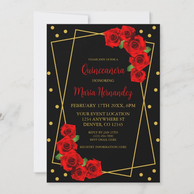 Red Rose Black and Gold Quinceañera Invitation (Front)