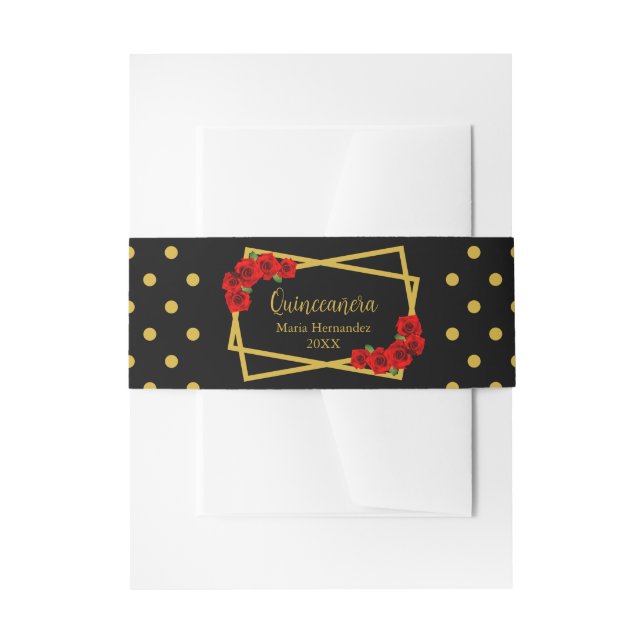Red Rose Black and Gold Quinceañera Invitation Belly Band (Front Example)