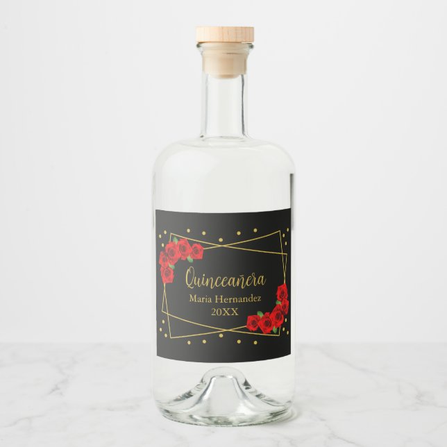 Red Rose Black and Gold Quinceañera Liquor Bottle Label (Front)
