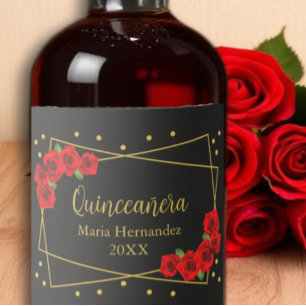 Red Rose Black and Gold Quinceañera Liquor Bottle Label