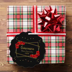 Red Rose Black and Gold Quinceañera Ornament Card