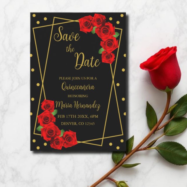 Red Rose Black and Gold Quinceañera Save The Date (Creator Uploaded)