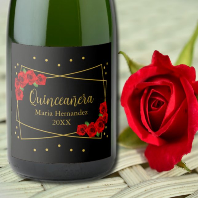 Red Rose Black and Gold Quinceañera Sparkling Wine Label (Creator Uploaded)