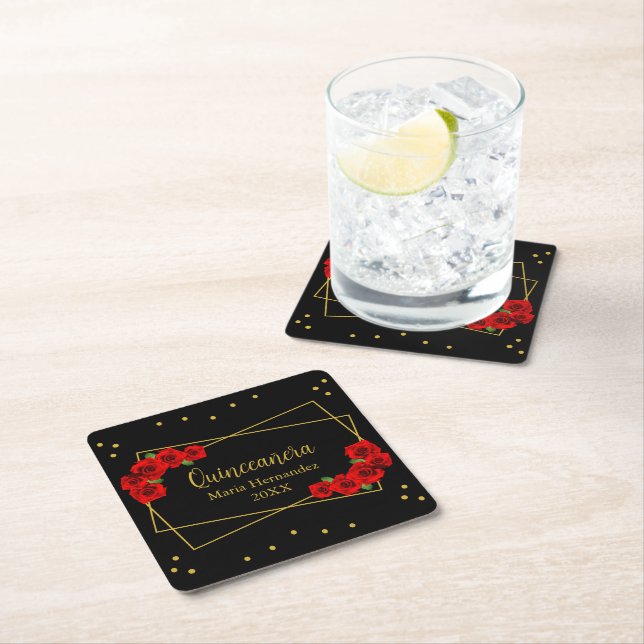 Red Rose Black and Gold Quinceañera Square Paper Coaster (Insitu)