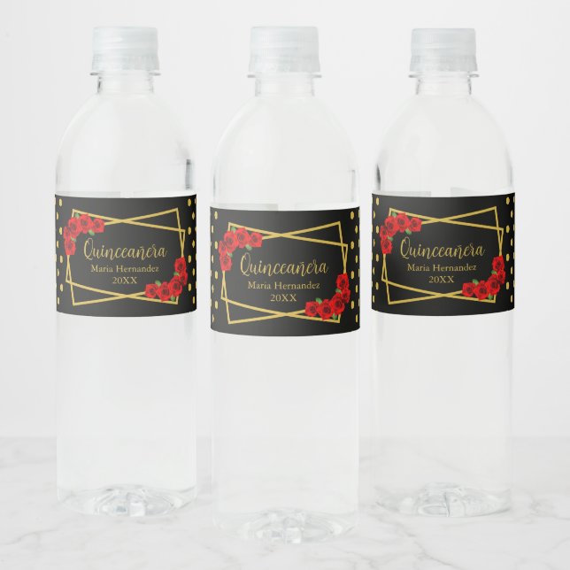 Red Rose Black and Gold Quinceañera Water Bottle Label (Bottles)