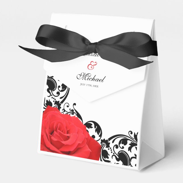 Red Rose Black Flourish Personalized Wedding Favor Box (Front Side)