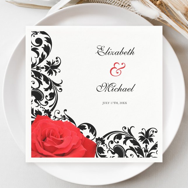 Red Rose Black Flourish Personalized Wedding Napkin (Creator Uploaded)