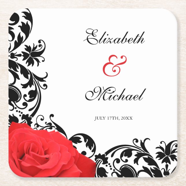 Red Rose Black Flourish Personalized Wedding Square Paper Coaster (Front)