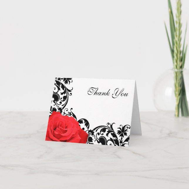 Red Rose Black Flourish Thank You Card (Front)
