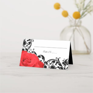 Red Rose Black Flourish Wedding Folded Place Card