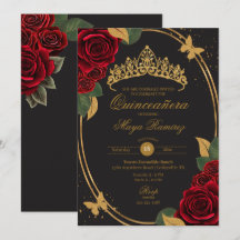 Red Rose Black Gold Glitter Butterfly Quinceañera 