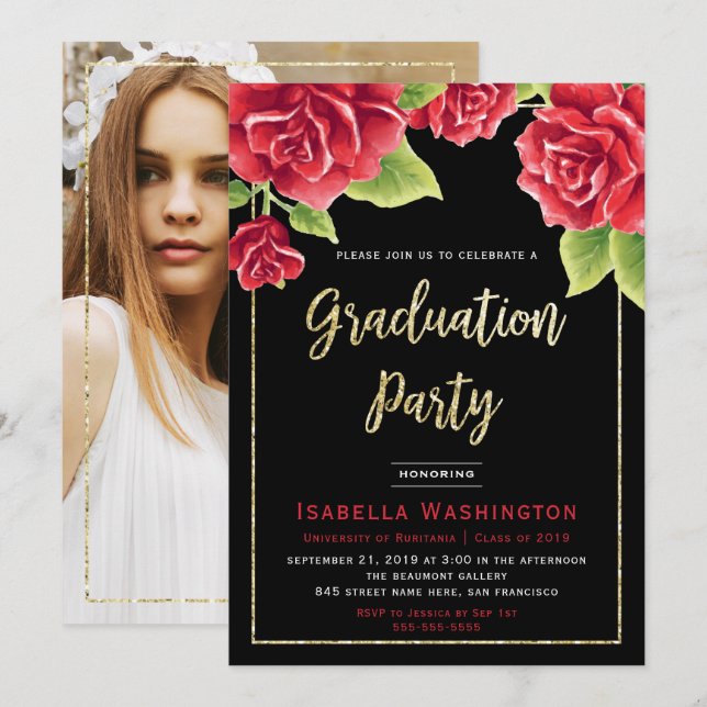 Red Rose Black Gold Glitter Photo Graduation Party Invitation (Front/Back)