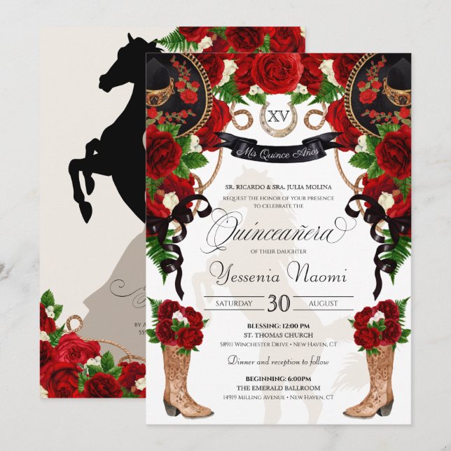 Red Rose Black Mariachi Western Charro Quinceanera Invitation (Front/Back)