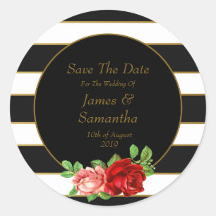 Red Rose, Black, White & Gold Stripe - Classic Round Sticker