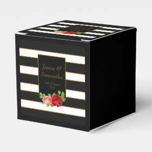 Red Rose, Black, White & Gold Stripe - Favor Box