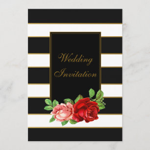 Red Rose, Black, White & Gold Stripe - Invitation
