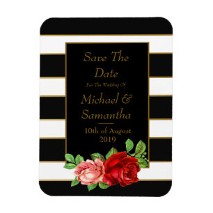 Red Rose, Black, White & Gold Stripe - Magnet