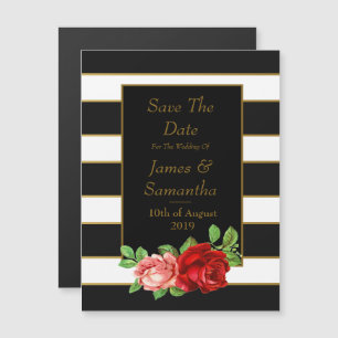 Red Rose, Black, White & Gold Stripe - Magnetic Invitation