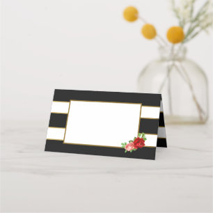 Red Rose, Black, White & Gold Stripe - Place Card