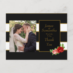 Red Rose, Black,White & Gold Stripe - Thank You Postcard