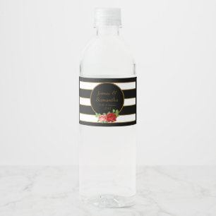 Red Rose, Black, White & Gold Stripe - Water Bottle Label