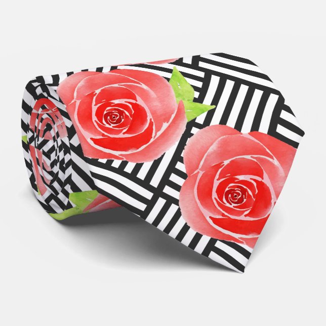 Red Rose Black White Stripes Derby Tie (Rolled)