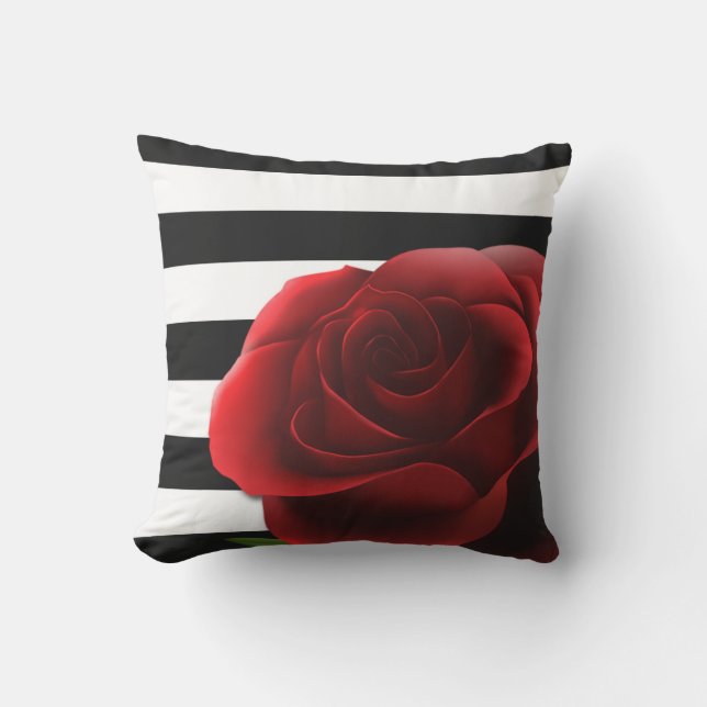 Red Rose & Black White Stripes Outdoor Pillow (Front)