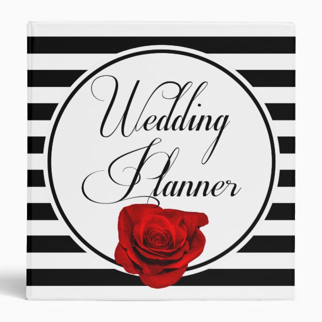 Red Rose Black & White Stripes Wedding Planner Binder (Front)