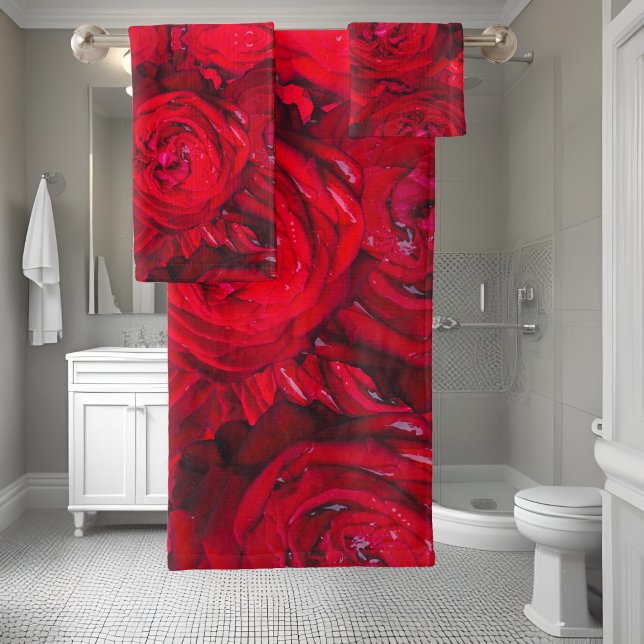 Red rose blossoms with dewdrops - photography bath towel set (Creator Uploaded)