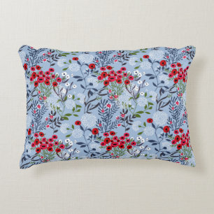 Red Rose Blue White Blossom Accent Pillow