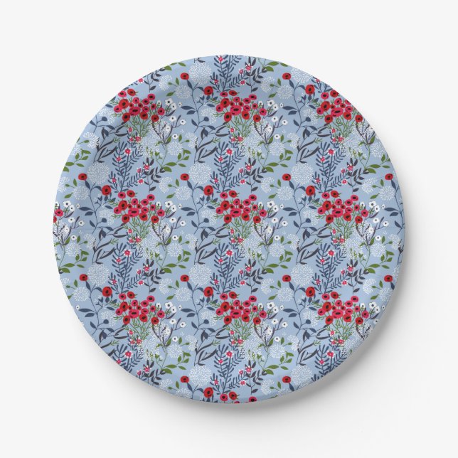 Red Rose Blue White Blossom Paper Plate (Front)