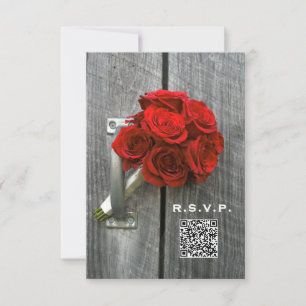 Red Rose Bouquet & Barn Wood Wedding QR Code RSVP Card