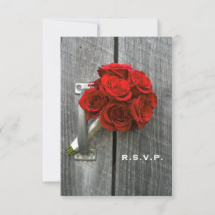 Red Rose Bouquet & Barn Wood Wedding RSVP Card