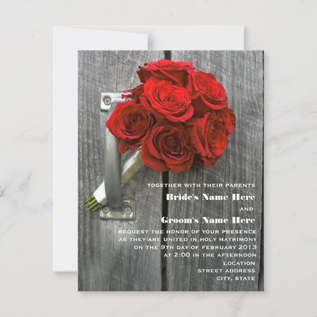 Red Rose Bouquet & Barnwood Wedding Invitation (Front)