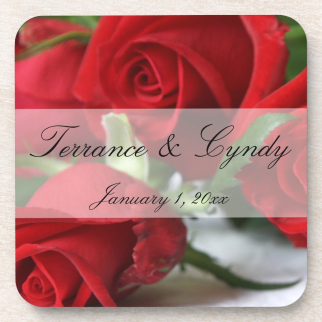Red Rose Bouquet Personal Set of Cork Coasters (Front)