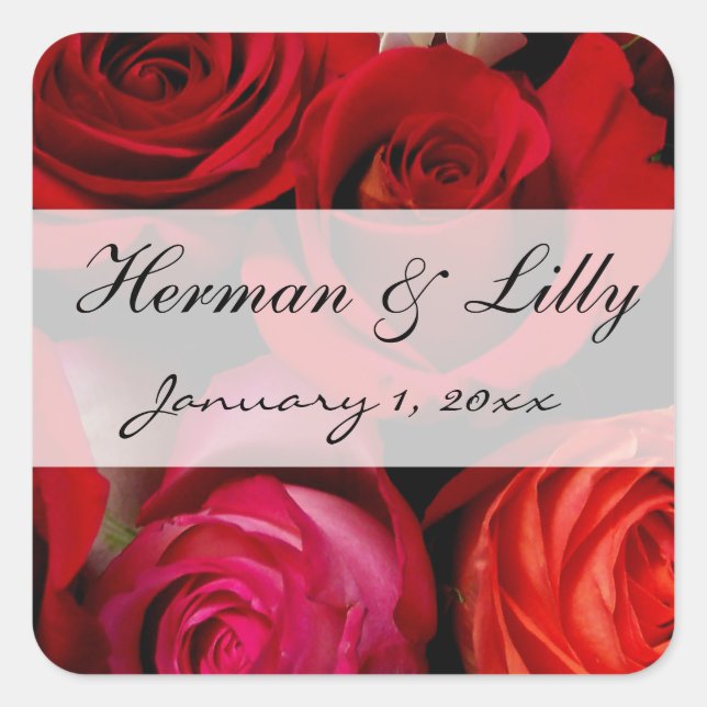 Red Rose Bouquet Personalized Wedding Square Sticker (Front)