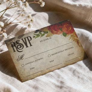 Red Rose Bouquets Vintage Wedding Meal Choices RSVP Card