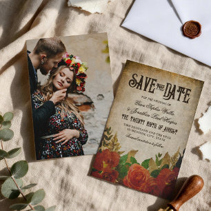 Red Rose Bouquets Vintage Wedding Save The Date