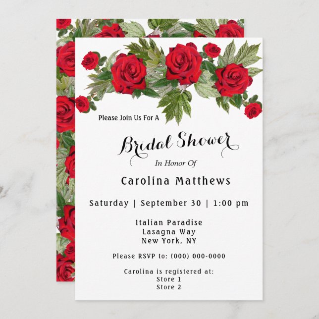 Red Rose Bridal Shower Floral Invitation (Front/Back)