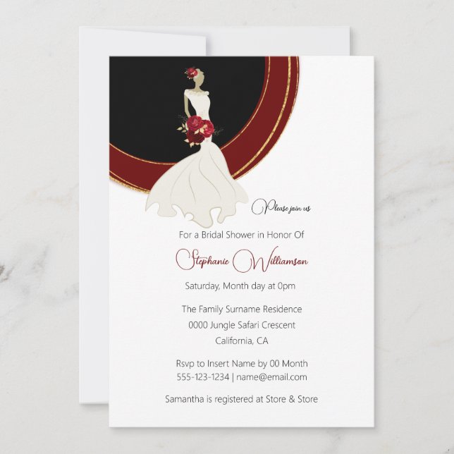 Red rose bride gold accent bridal shower invitation (Front)