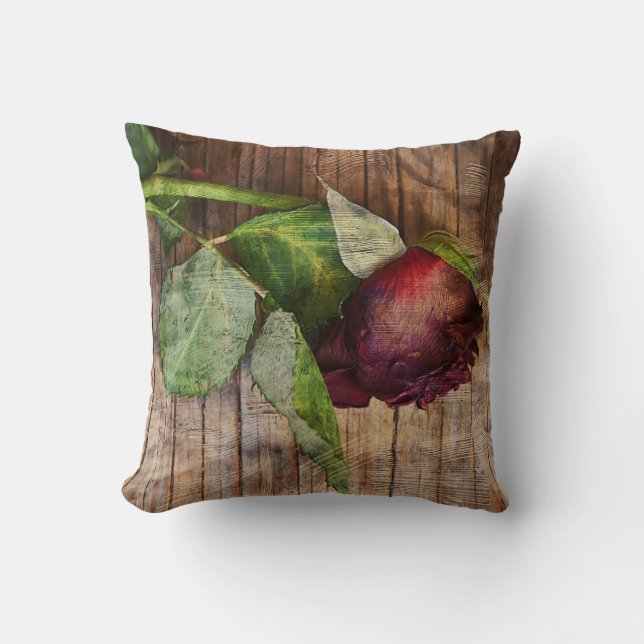 Red Rose Brown Rustic Wood Texture Antique Floral Throw Pillow (Front)