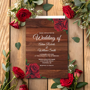 Red Rose Burgundy Rustic Autumn Garden Wedding Invitation