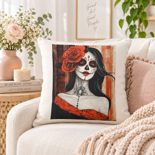 Red Rose Catrina Woman Gothic Folk Art Design Throw Pillow
