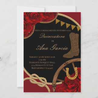Red Rose Charra Quinceañera Mexican Fiesta Invitation