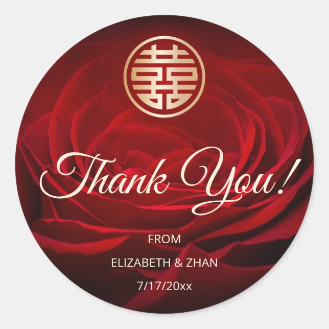 Red Rose Chinese Wedding Thank You Classic Round Sticker (Front)