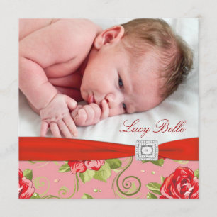 Red Rose Chintz Pink Rose Baby Girl Photo Birth Announcement