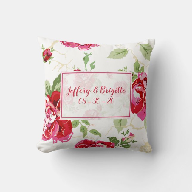 Red rose classic print, with white background thro throw pillow (Front)