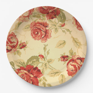 Red Rose, cream, tan antique floral Paper Plate