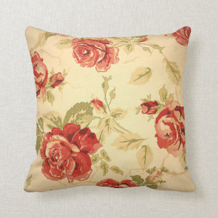 Red rose, cream, tan, antique floral print throw pillow