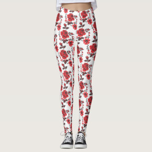 Red Rose cross-stitch Russian Pattern Leggings